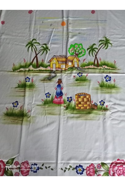 Handpainted cotton silk bedsheet with scenery in center and floral print Handpainted cotton silk bedsheet with scenery in center and floral print